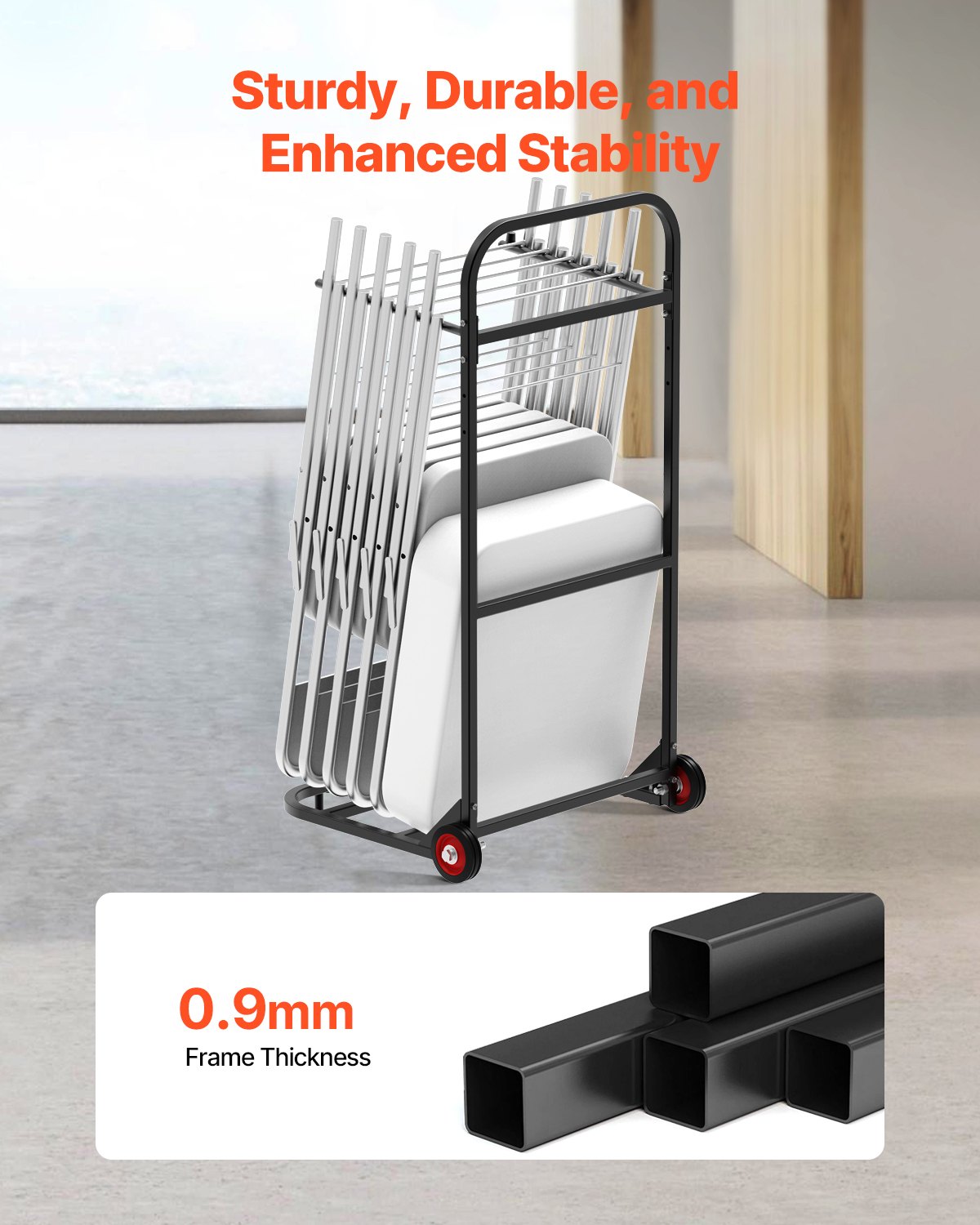 VEVOR Folding Chair Rack, 100 LBS Capacity, Heavy-duty Chair Cart for Hanging 10 Chairs, Multi-Function Metal Chair Storage Dolly with Rubber Wheels, Push-Style Chair Holder, Matte Black