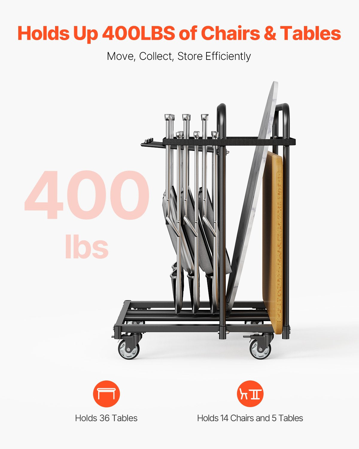 VEVOR Folding Chair Rack, 400 LBS Capacity, Heavy-duty Chair Cart for 5 Tables+14 Chairs, Chair Storage Dolly Chair Holder w/ Swivel Casters and Locking Wheels,for Party Event,Hotel, Matte Black