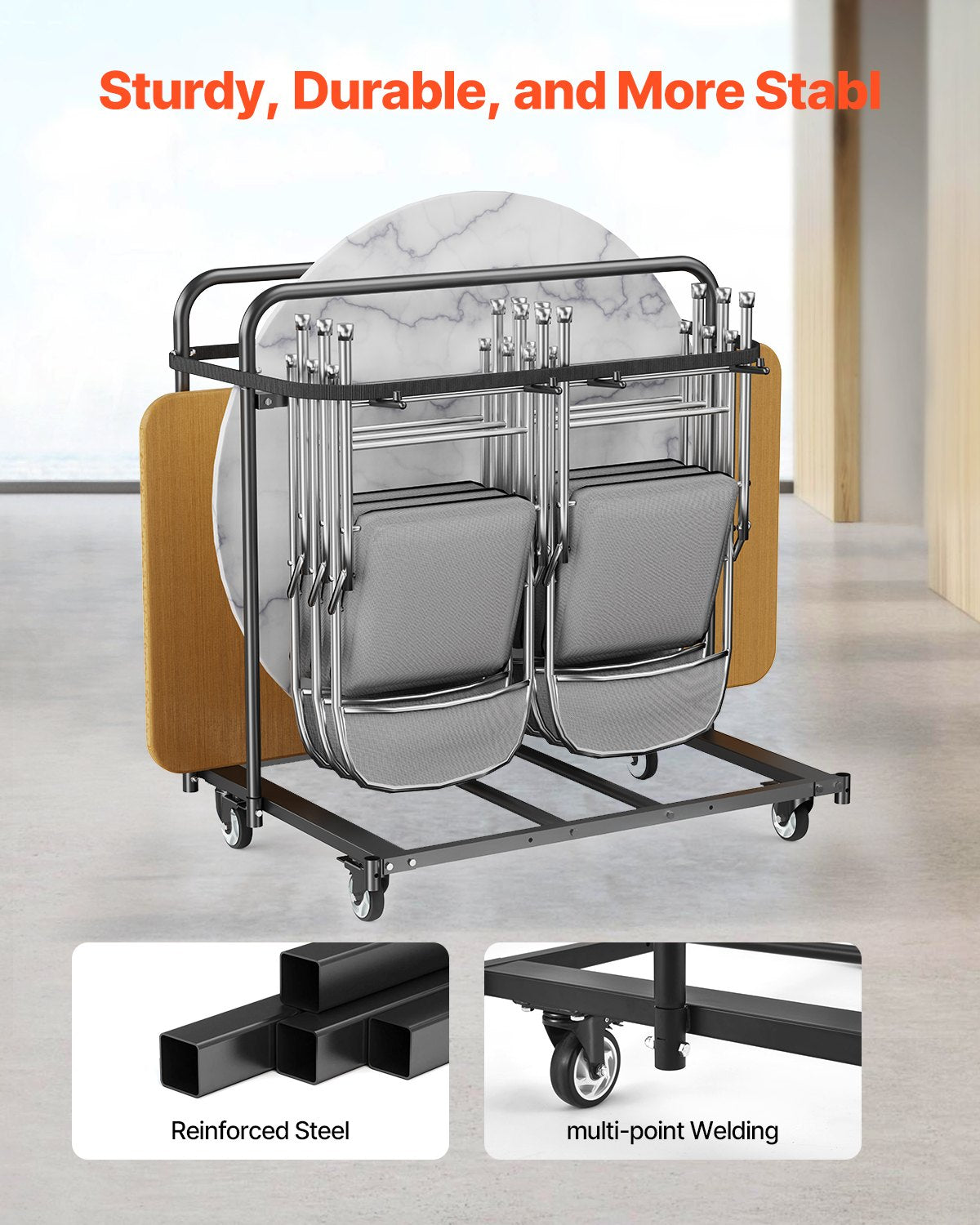 VEVOR Folding Chair Rack, 400 LBS Capacity, Heavy-duty Chair Cart for 5 Tables+14 Chairs, Chair Storage Dolly Chair Holder w/ Swivel Casters and Locking Wheels,for Party Event,Hotel, Matte Black