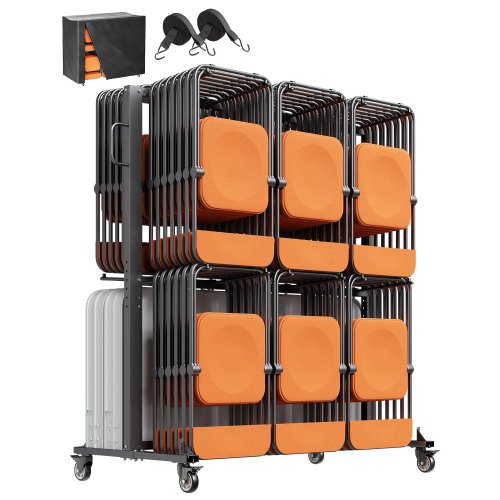 VEVOR Folding Chair Rack, 800 LBS Capacity, Heavy-duty Chair Cart for 84 Chairs/ 12 Tables+42 Chairs, Dual-layer Chair Storage Dolly with Rubber Wheels and Holders, Large Chair Holder, Matte Black