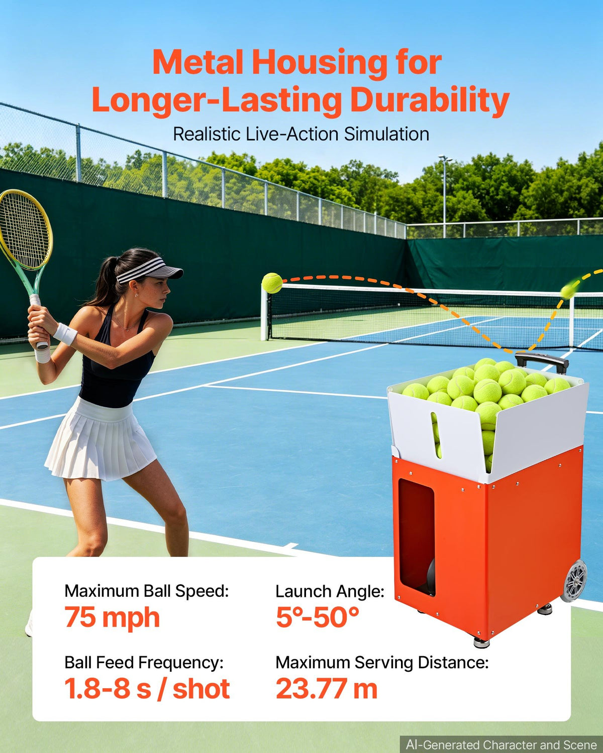 VEVOR Tennis Ball Machine Auto Portable Ball Launcher for Practice Training, with App Remote Control, 110 Ball Capacity, Spin Control, 20 Training Modes, 4H Battery Life, and Speeds up to 75MPH
