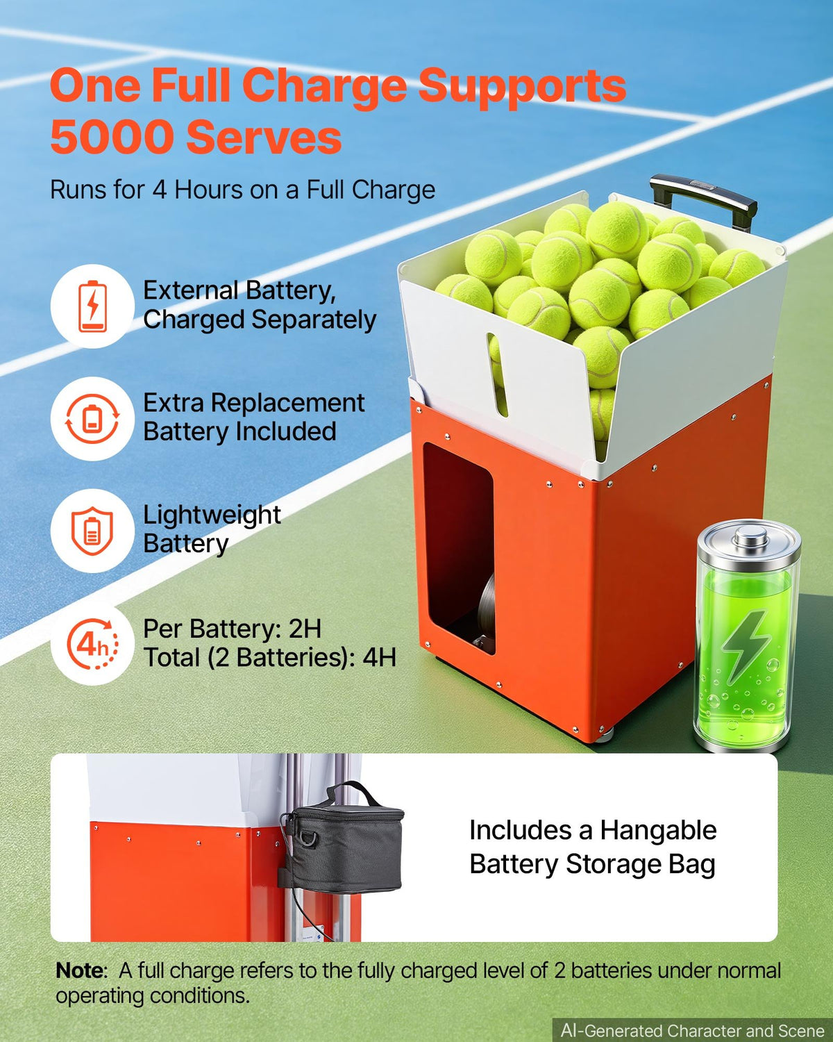 VEVOR Tennis Ball Machine Auto Portable Ball Launcher for Practice Training, with App Remote Control, 110 Ball Capacity, Spin Control, 20 Training Modes, 4H Battery Life, and Speeds up to 75MPH