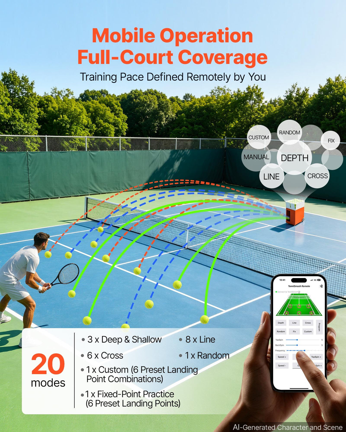VEVOR Tennis Ball Machine Auto Portable Ball Launcher for Practice Training, with App Remote Control, 110 Ball Capacity, Spin Control, 20 Training Modes, 4H Battery Life, and Speeds up to 75MPH