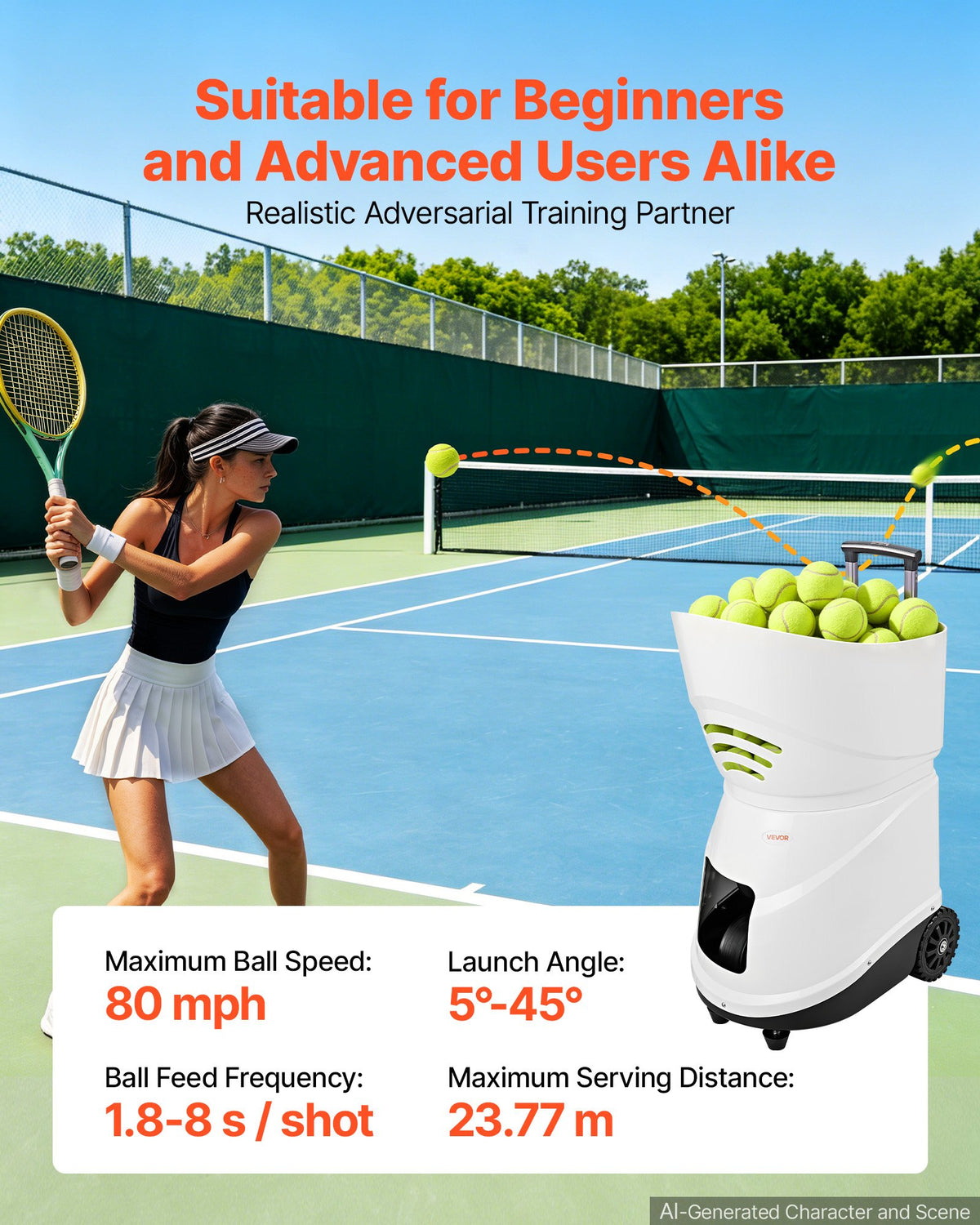 VEVOR Tennis Ball Machine Auto Portable Ball Launcher for Practice Training, with App Remote Control, 150 Ball Capacity, Spin Control, 20 Training Modes, 4H Battery Life, and Speeds up to 80MPH