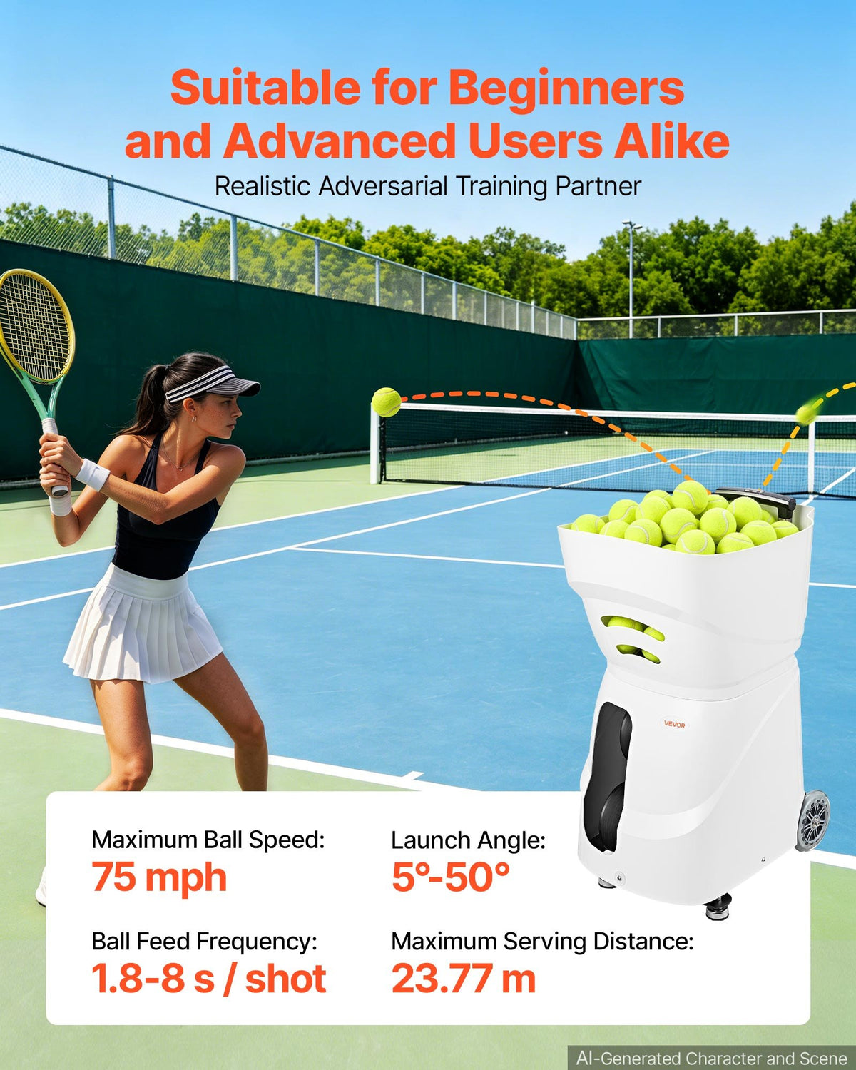 VEVOR Tennis Ball Machine Auto Portable Ball Launcher for Practice Training, with App Remote Control, 110 Ball Capacity, Spin Control, 21 Training Modes, 4H Battery Life, and Speeds up to 75MPH