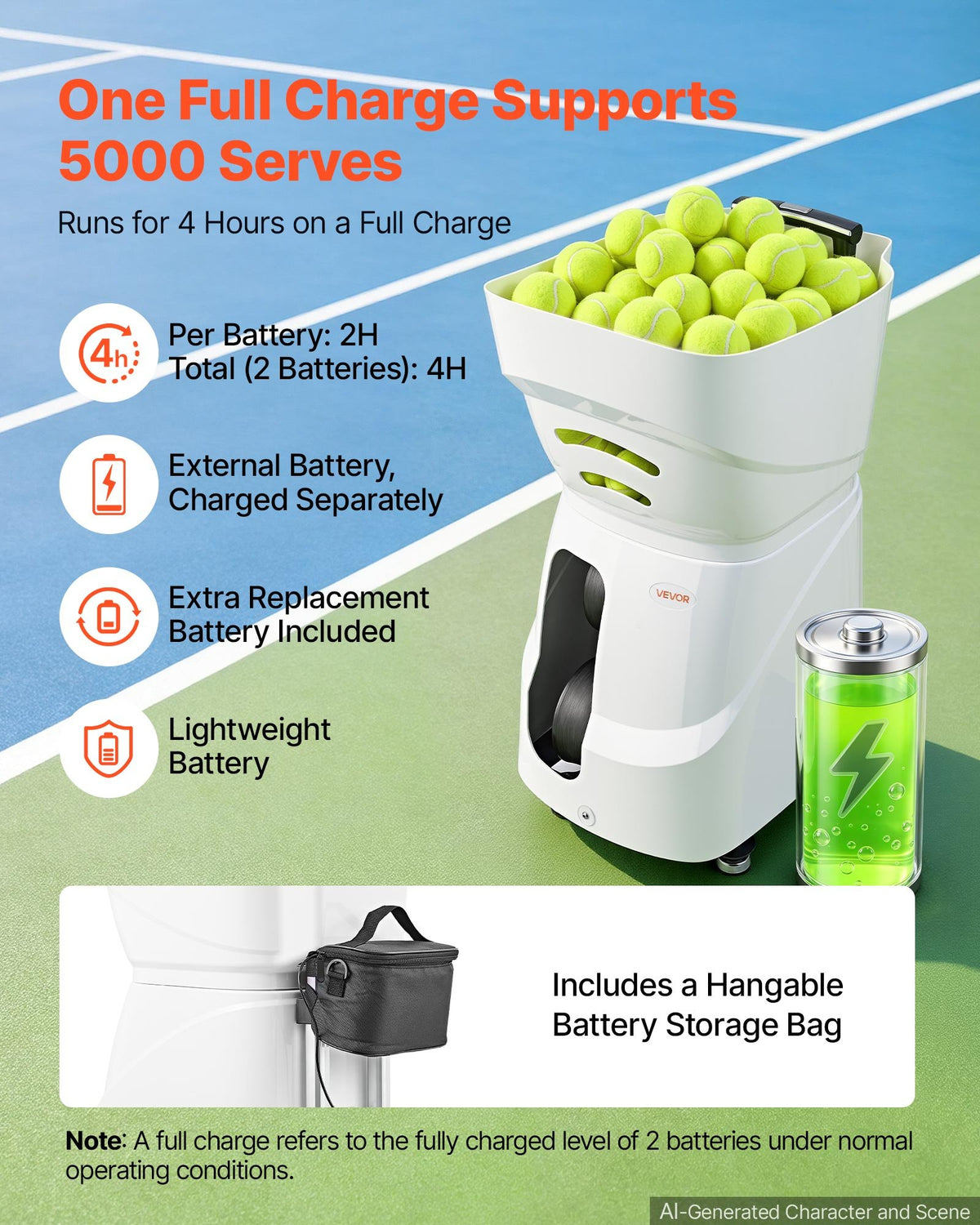 VEVOR Tennis Ball Machine Auto Portable Ball Launcher for Practice Training, with App Remote Control, 110 Ball Capacity, Spin Control, 21 Training Modes, 4H Battery Life, and Speeds up to 75MPH