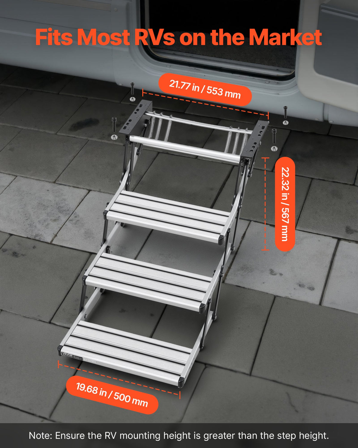 VEVOR RV Steps, 3-Step, 200 kg Load Capacity, Manual Retractable RV Stairs, Telescopic Folding Aluminum Alloy Camper Steps, Steel Frame Non-Slip Entry Stairs for Camper Van Motorhome Travel Trailer
