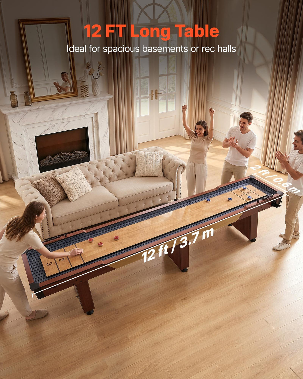 VEVOR 3.7m Shuffleboard Table, 2 in 1 Shuffleboard and Bowling Combo Set, Shuffle Board with Rustic Wood Finish, Scratch-Resistant Playfield, 8 Pucks, Bowling Set, Wax, Brush, for Family Game Room