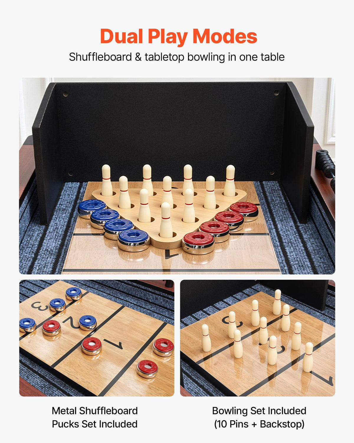 VEVOR 3.7m Shuffleboard Table, 2 in 1 Shuffleboard and Bowling Combo Set, Shuffle Board with Rustic Wood Finish, Scratch-Resistant Playfield, 8 Pucks, Bowling Set, Wax, Brush, for Family Game Room