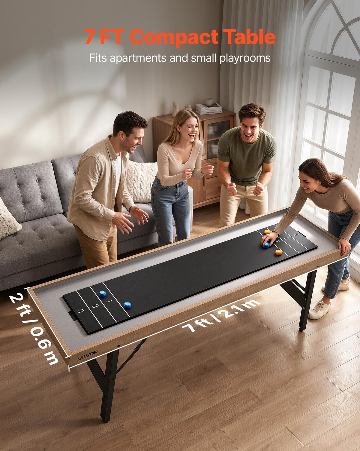 VEVOR 2.1m Shuffleboard Table, 2 in 1 Shuffleboard and Tabletop Curling Combo Game, Compact Shuffle Board with Smooth Surface, Folding Legs, 8 Pucks, Easy to Disassemble and Move, for Family Game Room