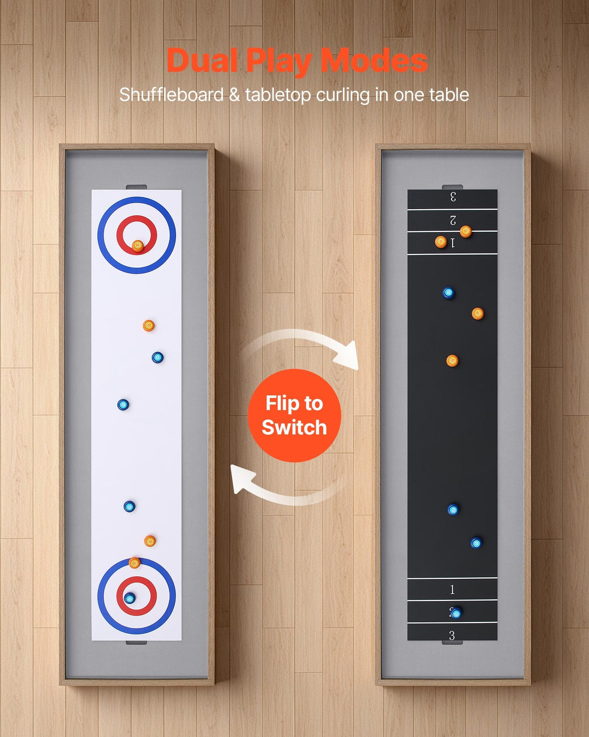VEVOR 2.1m Shuffleboard Table, 2 in 1 Shuffleboard and Tabletop Curling Combo Game, Compact Shuffle Board with Smooth Surface, Folding Legs, 8 Pucks, Easy to Disassemble and Move, for Family Game Room