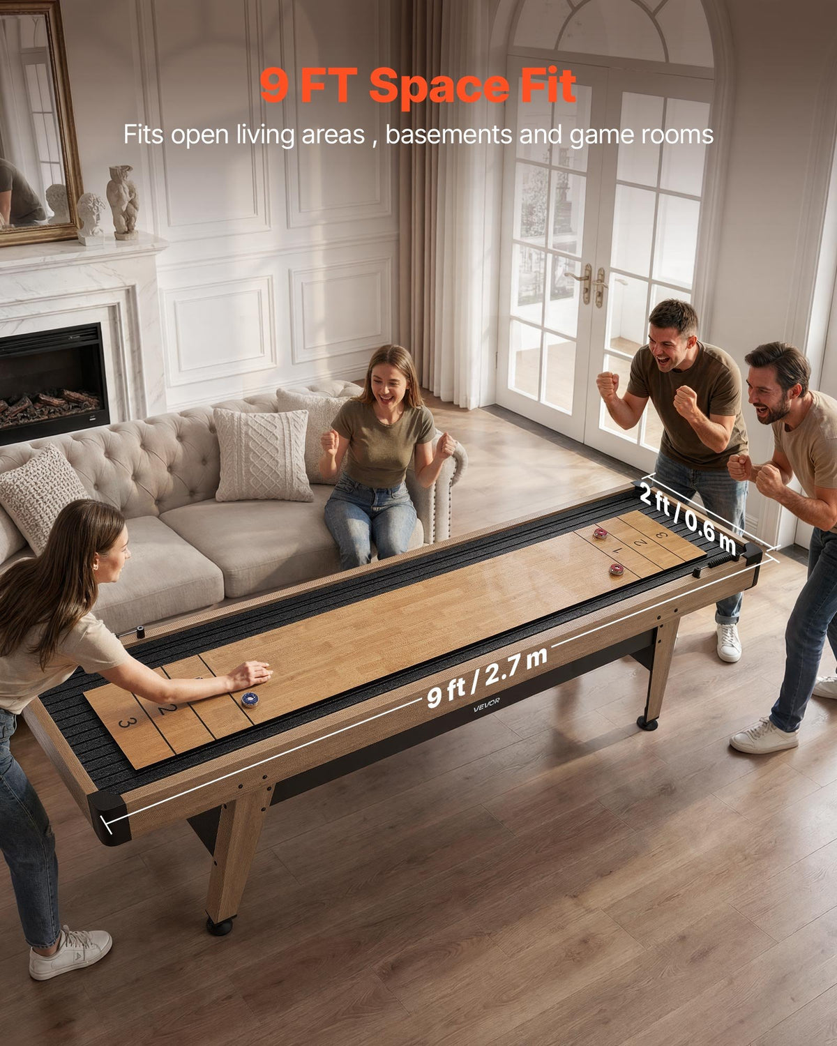 VEVOR 2.7m Shuffleboard Table, Scratch-Resistant Playfield for Smooth, Fast Puck Action, Pedestal Legs with Levelers for Optimum Stability, Shuffle Board w/ 8 Pucks, Wax, Brush, for Family Game Room