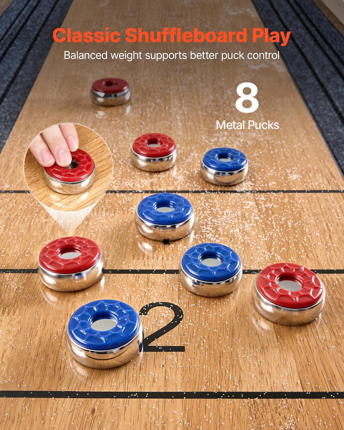 VEVOR 2.7m Shuffleboard Table, Scratch-Resistant Playfield for Smooth, Fast Puck Action, Pedestal Legs with Levelers for Optimum Stability, Shuffle Board w/ 8 Pucks, Wax, Brush, for Family Game Room
