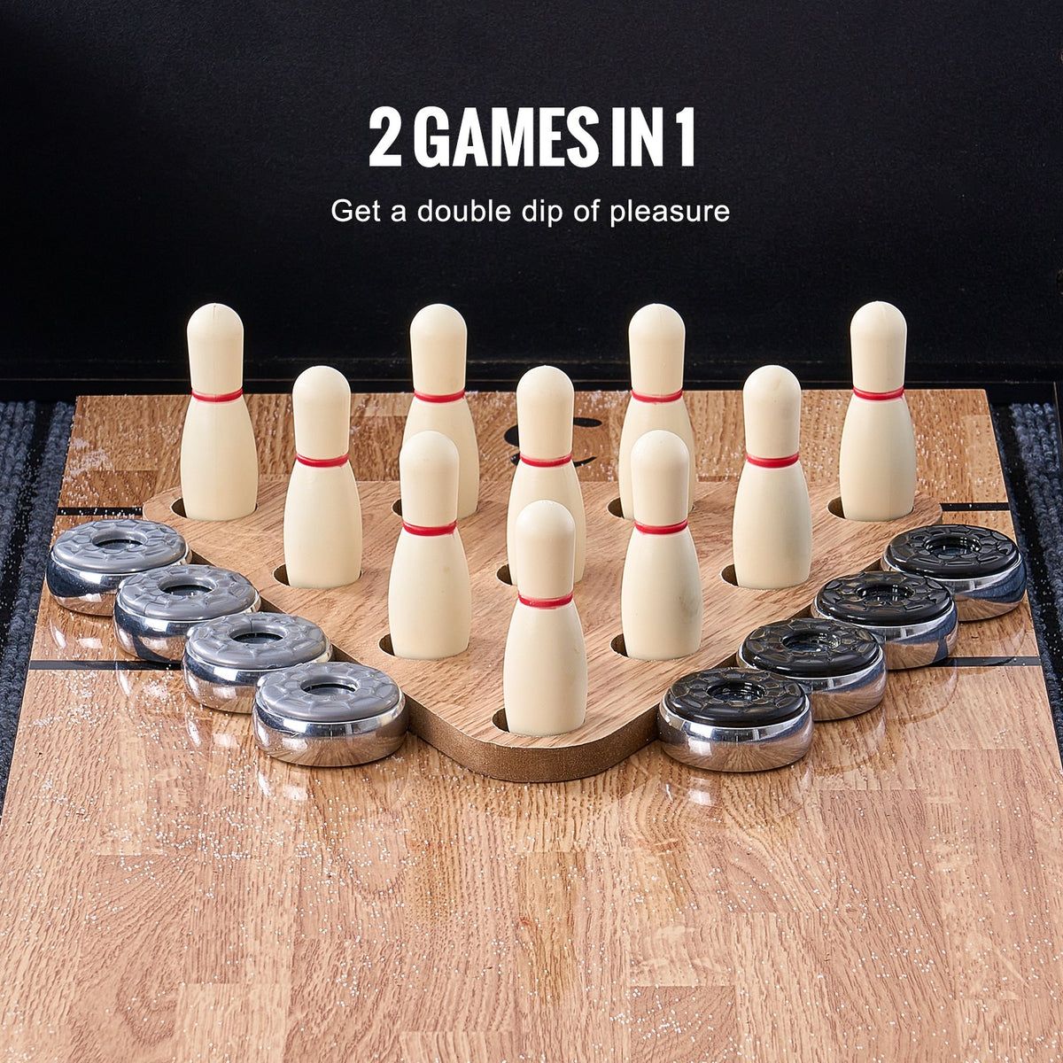 VEVOR Shuffleboard Table, 9 ft LED Light Up Shuffleboard for Family Game Room, 2 in 1 Shuffleboard and Bowling Combo Game Set, with Scratch-Resistant Playfield, Legs, 8 Pucks, Bowling Set, Wax, Brush