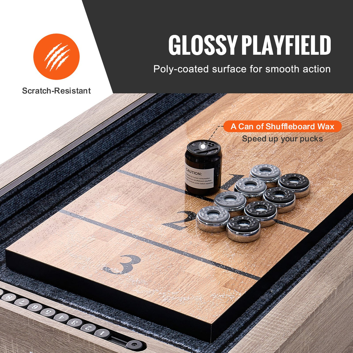 VEVOR Shuffleboard Table, 9 ft LED Light Up Shuffleboard for Family Game Room, 2 in 1 Shuffleboard and Bowling Combo Game Set, with Scratch-Resistant Playfield, Legs, 8 Pucks, Bowling Set, Wax, Brush