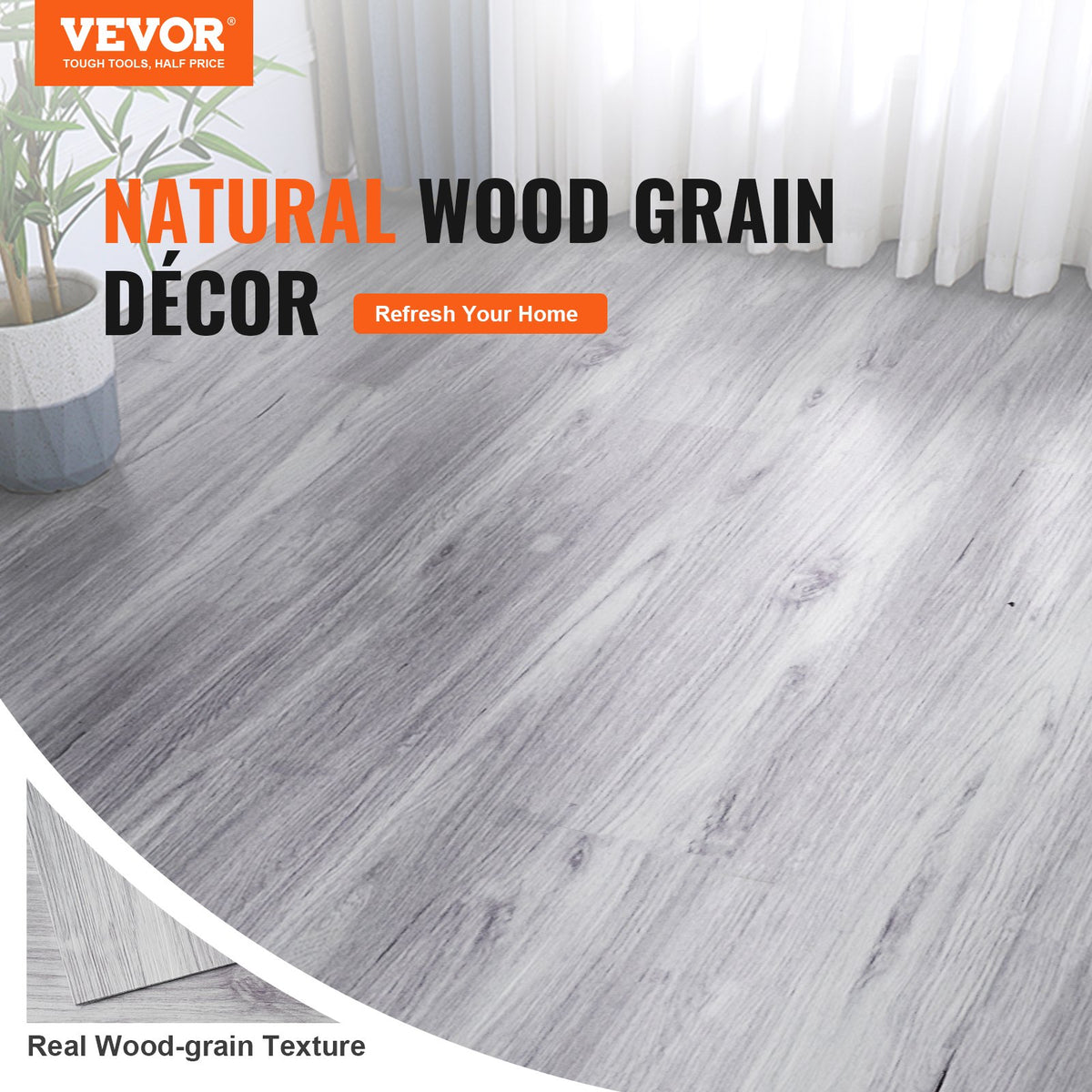 VEVOR Self Adhesive Vinyl Floor Tiles 36 x 6 inch, 20 Tiles 0.62mm Thick Peel & Stick, Light Gray Wood Grain DIY Flooring for Kitchen, Dining Room, Bedrooms & Bathrooms, Easy for Home Decor