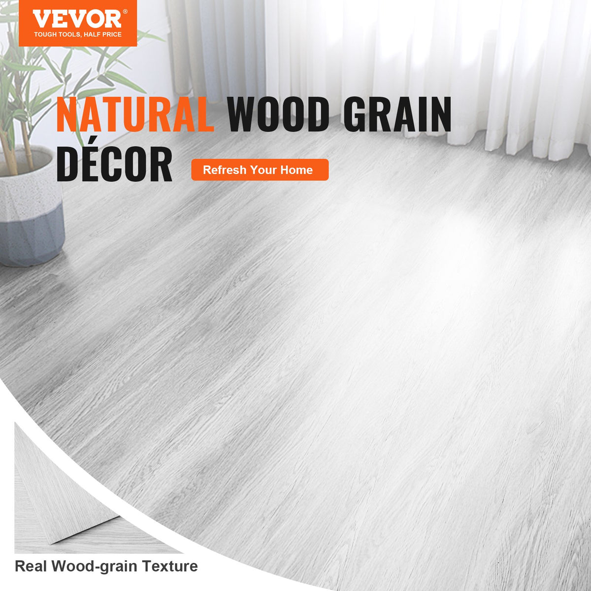 VEVOR Self Adhesive Vinyl Floor Tiles 36 x 6 inch, 36 Tiles 2.5mm Thick Peel & Stick, Light Gray Wood Grain DIY Flooring for Kitchen, Dining Room, Bedrooms & Bathrooms, Easy for Home Decor