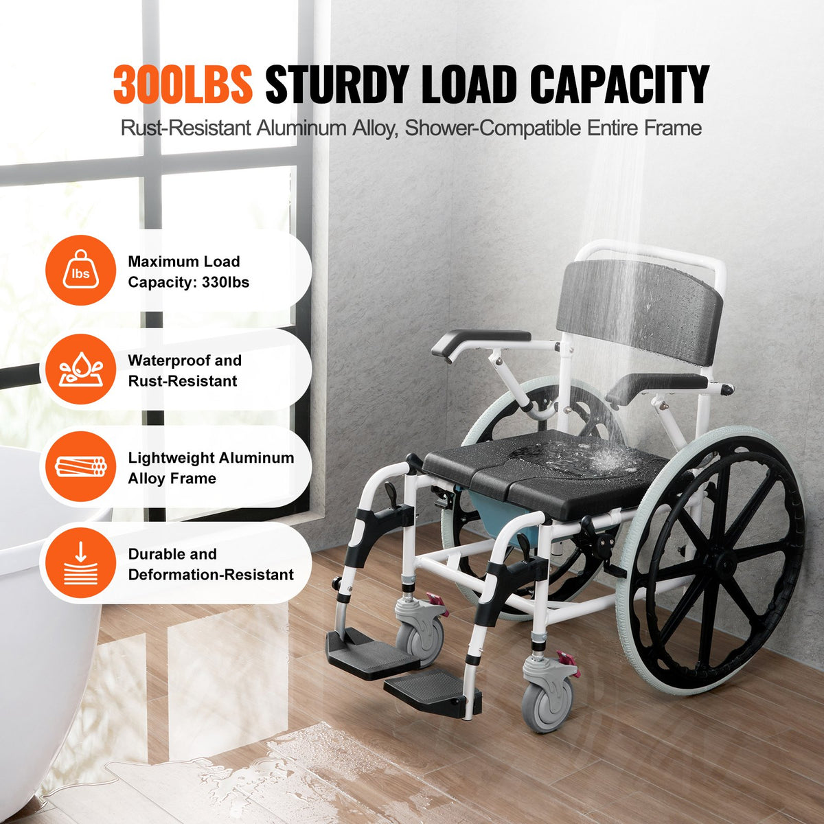 VEVOR Shower Wheelchair 17.5in/44.5 cm Al Alloy Commode Bathroom Wheelchair for Disabled