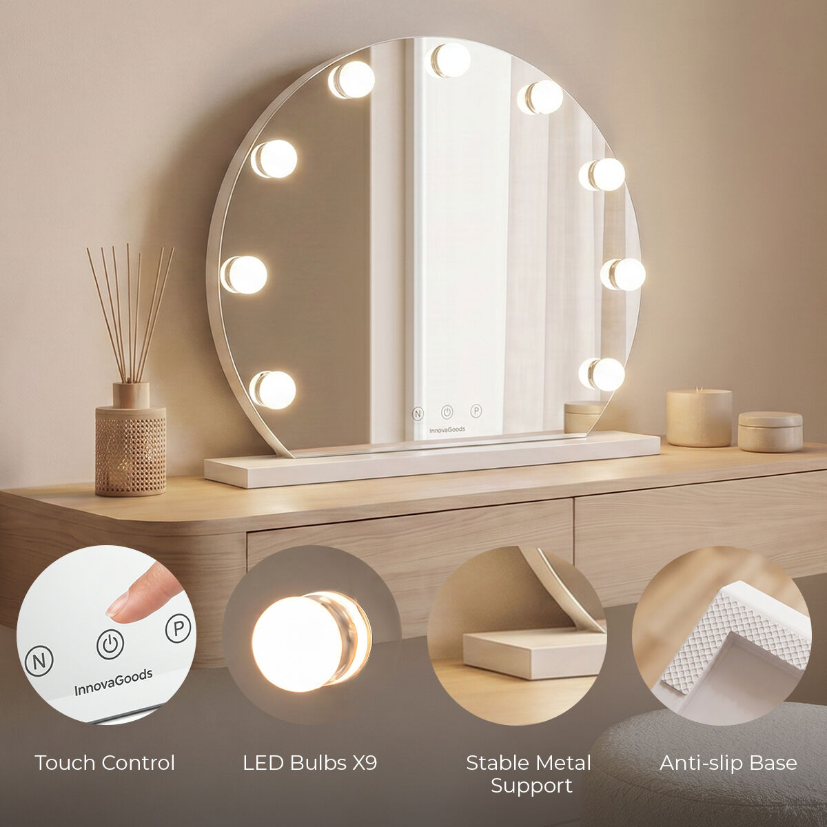 Στρογγυλός καθρέφτης τουαλέτας με LED Hollywood Gloette InnovaGoods 9 Λάμπες