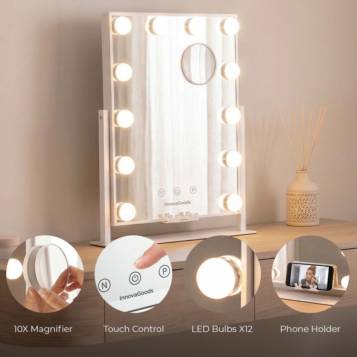 Κεκλιμένος καθρέφτης τουαλέτας με LED Hollywood Glarisse InnovaGoods 12 Λάμπες